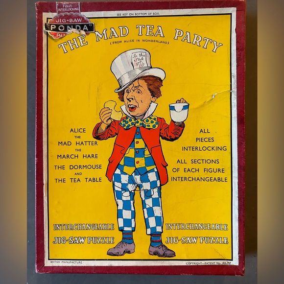 Antique Alice in Wonderland wooden puzzle Mad Hatter Dormouse White Rabbit RARE